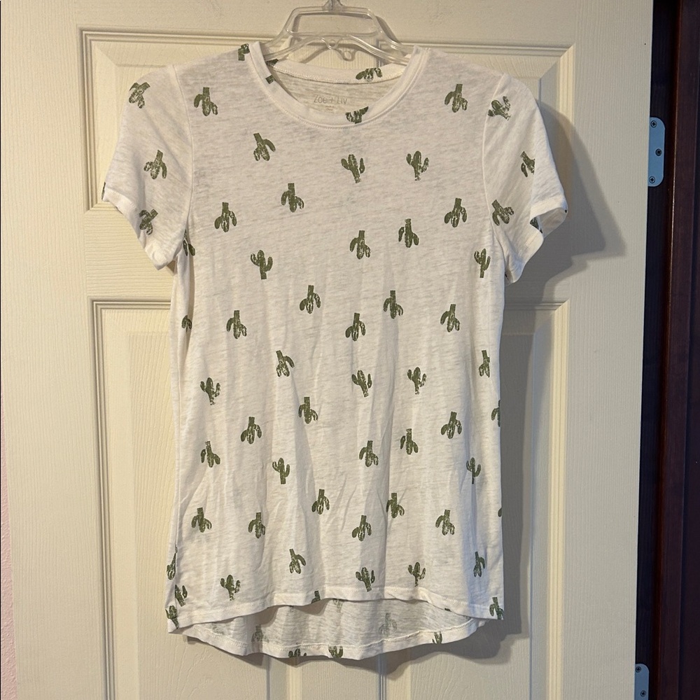 Zoe + Liv White Tee with Green Cactus Design